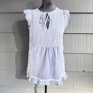 Women's Small Blue And White Striped Short Flutter‎ Sleeves With Front Tie!